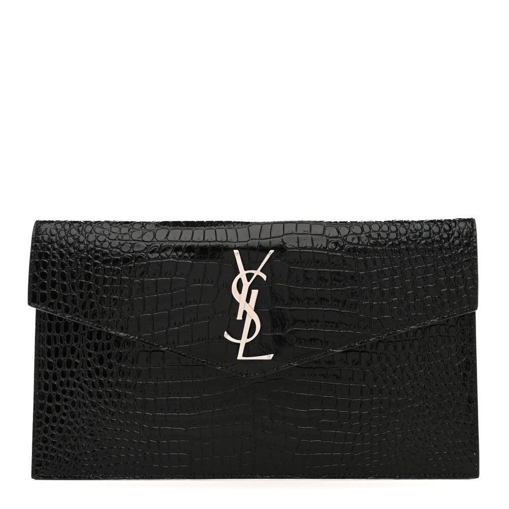 Calfskin Crocodile Embossed Uptown Monogram Pouch Black