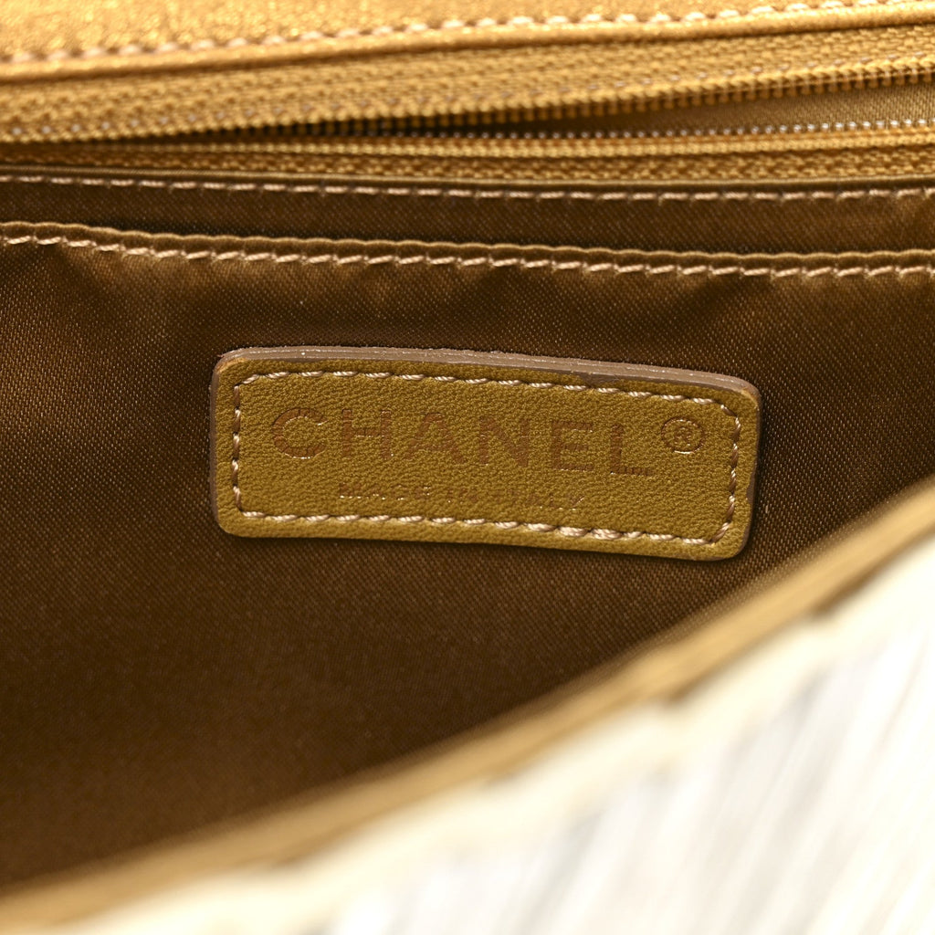 Metallic Woven Raffia Patchwork Single Flap Gold