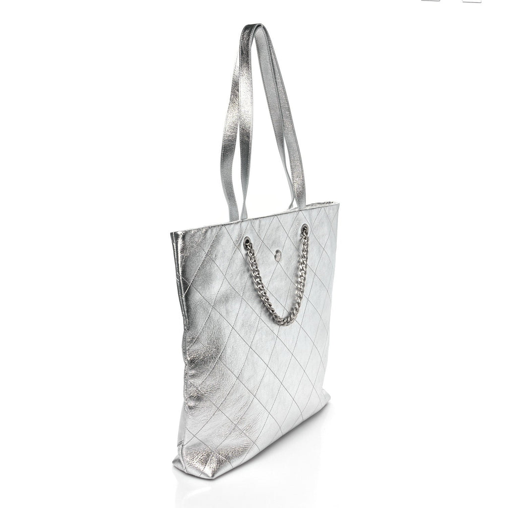 Metallic Calfskin Stitched CC Shopper Tote Silvery