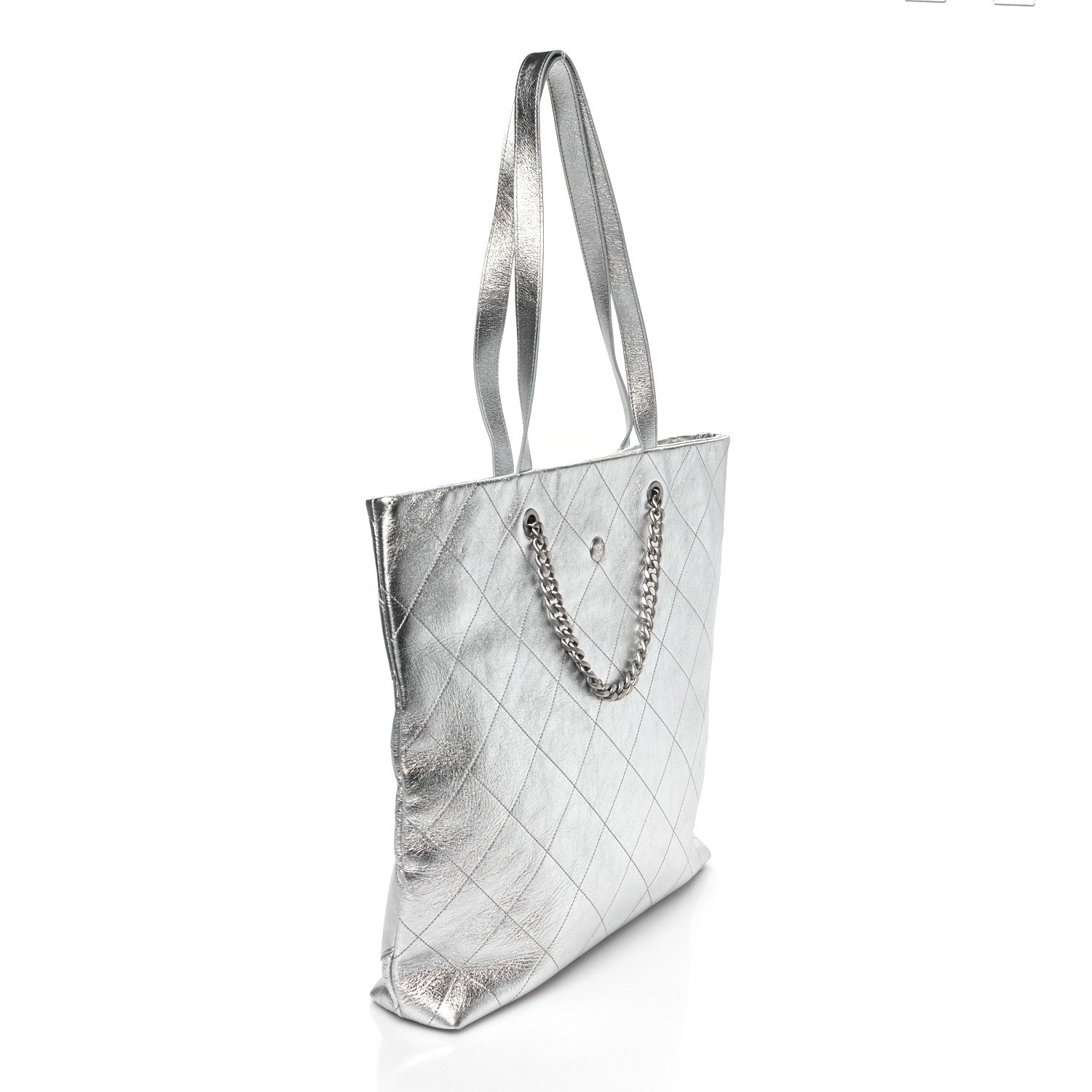Metallic Calfskin Stitched CC Shopper Tote Silvery