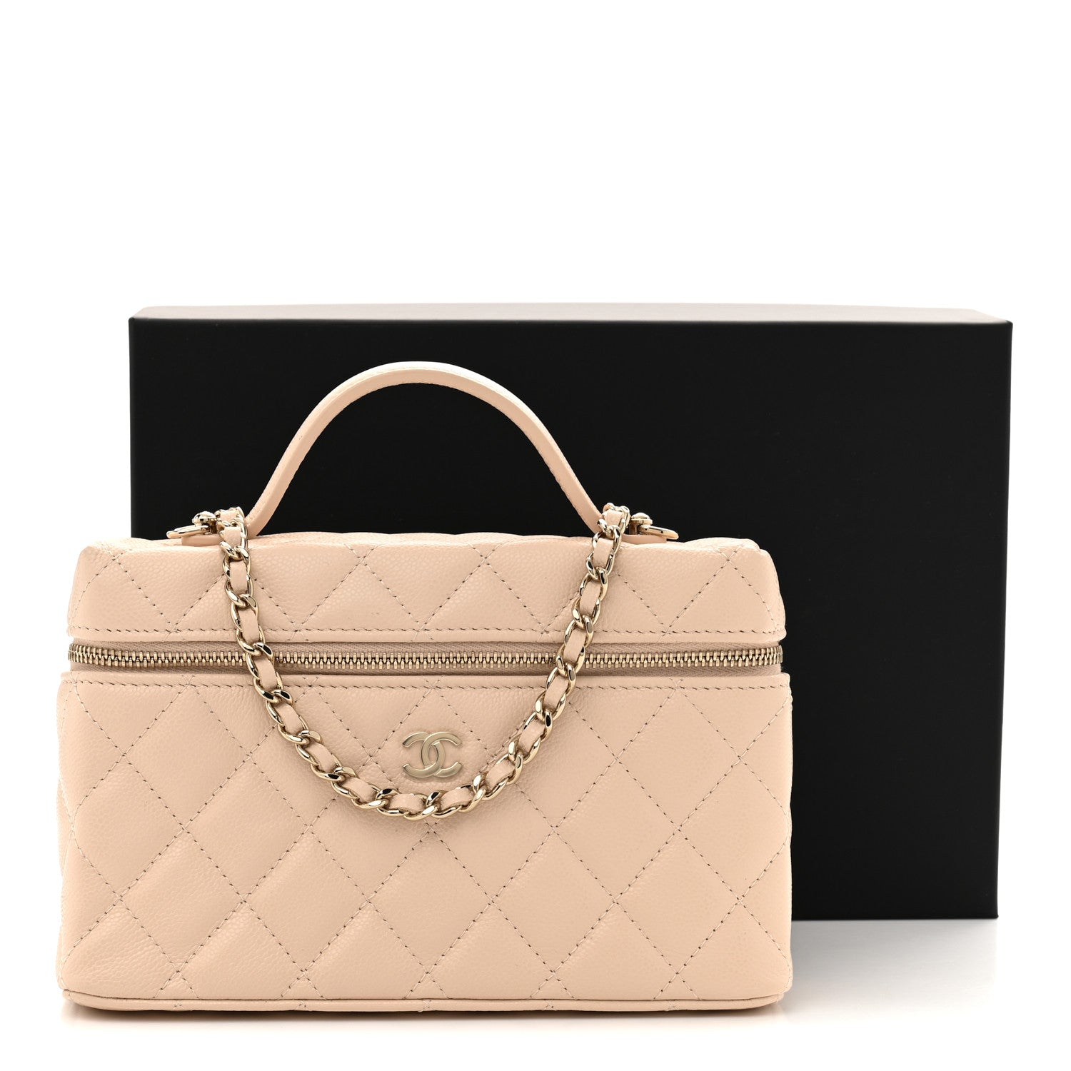 Caviar Quilted Top Handle Slim Vanity With Chain Beige