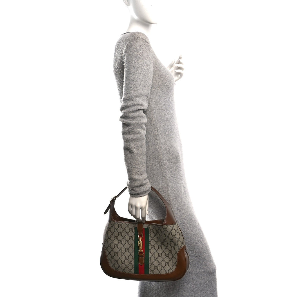 GG Supreme Monogram Azalea Calfskin Web Medium Jackie 1961 Hobo Beige Ebony Brown Sugar