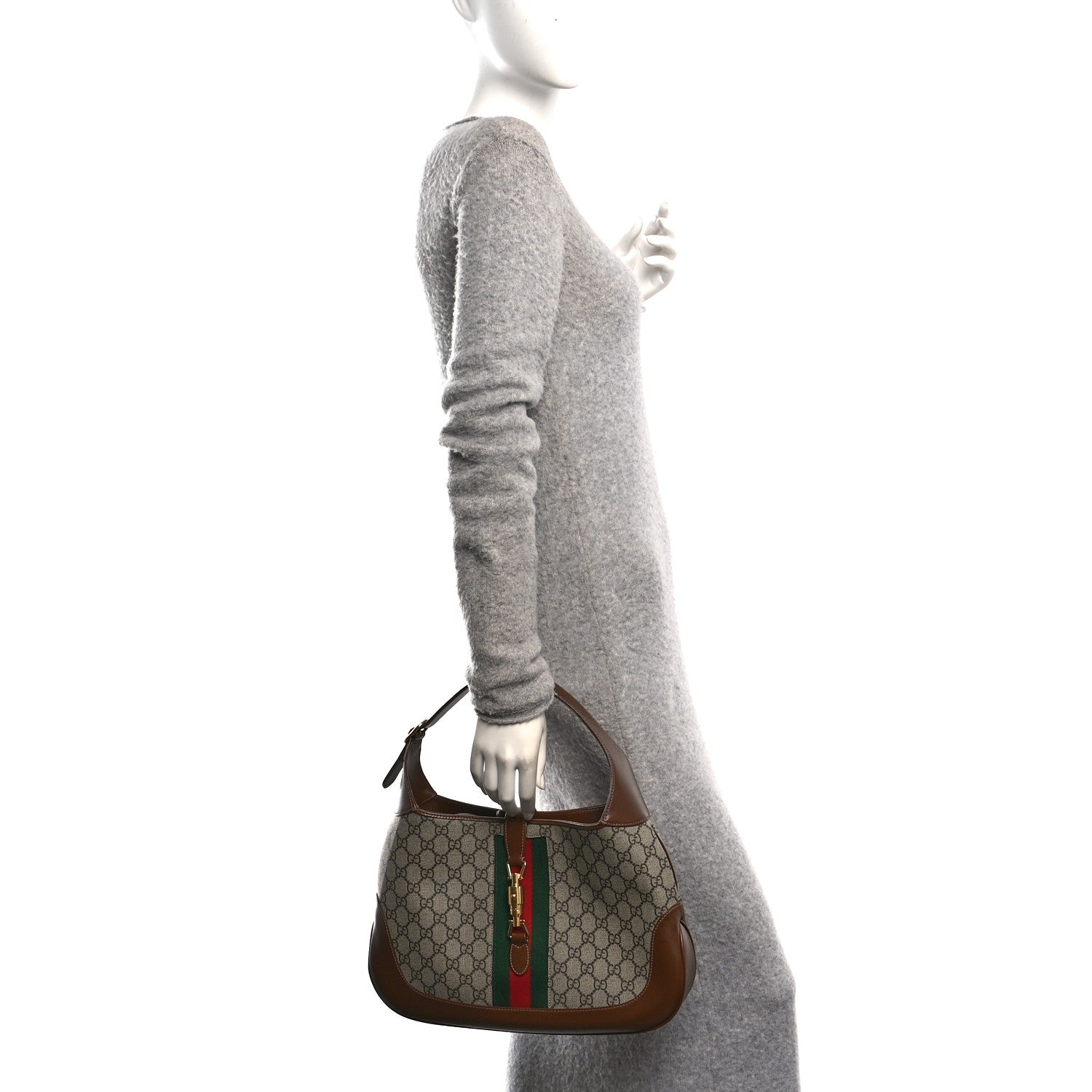 GG Supreme Monogram Azalea Calfskin Web Medium Jackie 1961 Hobo Beige Ebony Brown Sugar