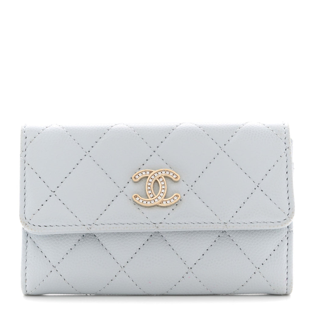 Caviar Quilted Crystal CC Flap  Holder Light Blue
