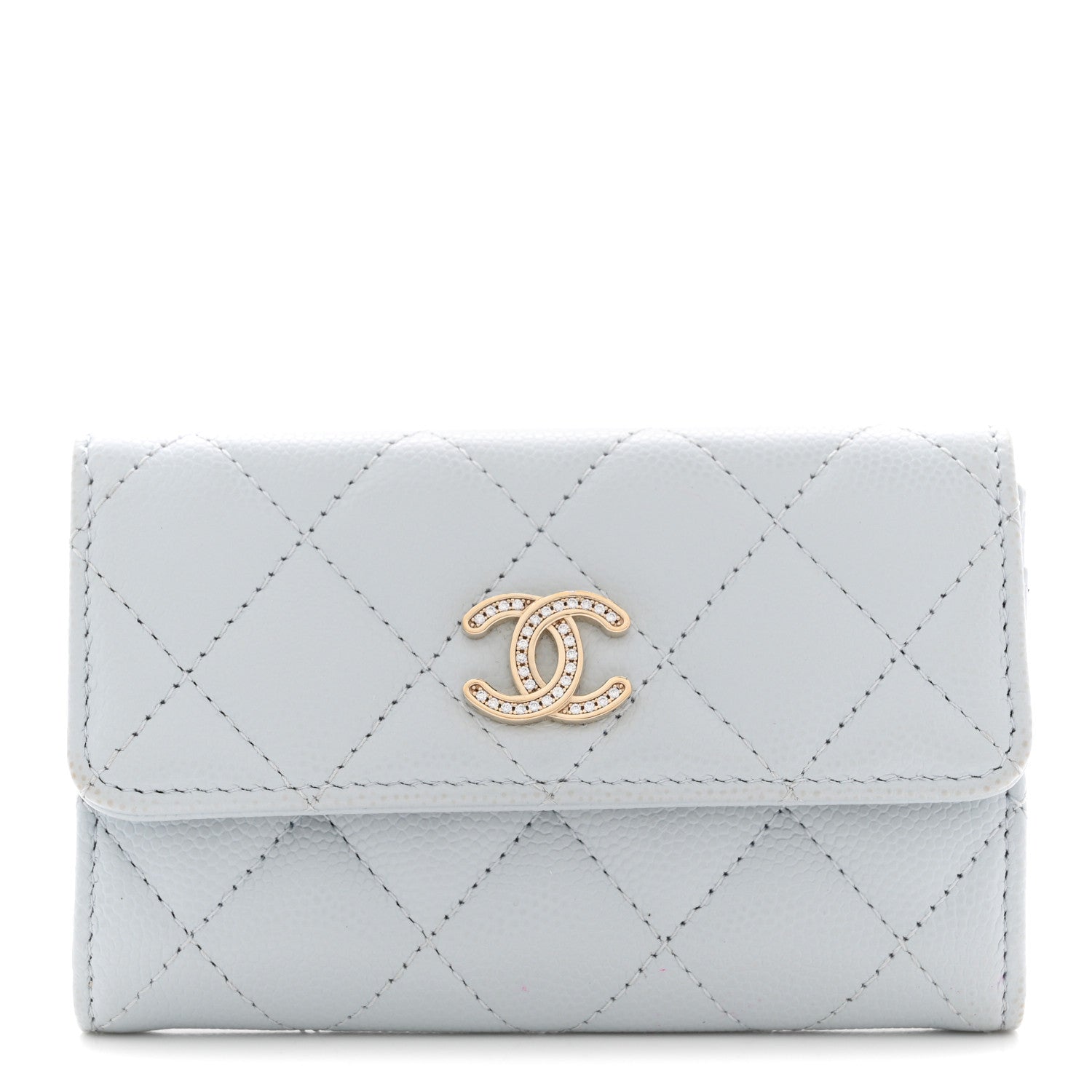Caviar Quilted Crystal CC Flap  Holder Light Blue