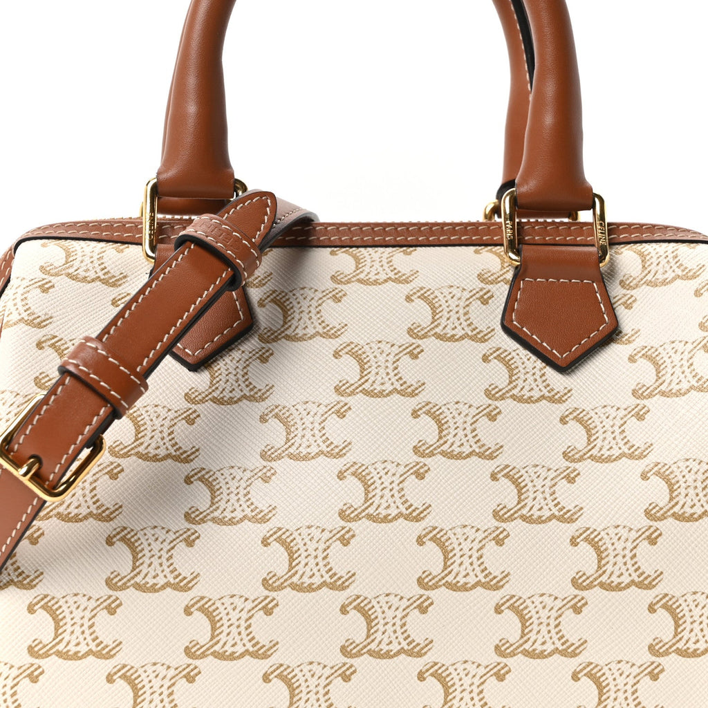Triomphe Canvas Calfskin Small Boston Bag White