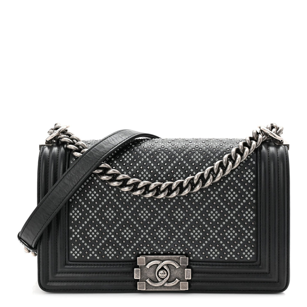 Calfskin Crystal Studded Quilted Medium Boy Flap  Black