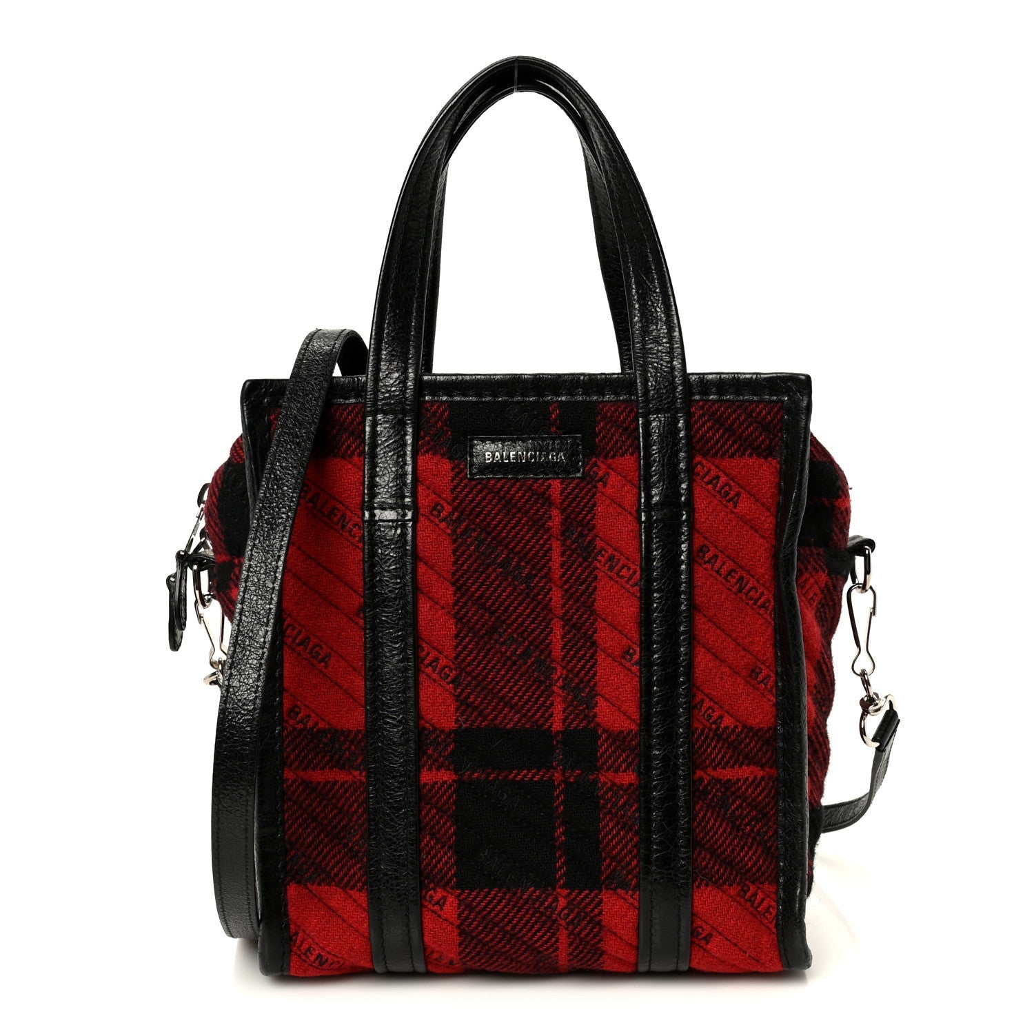 Wool Cuir Arena Plaid Diagonal Allover Logo Matelasse XS Bazar Shopper Tote Red Black