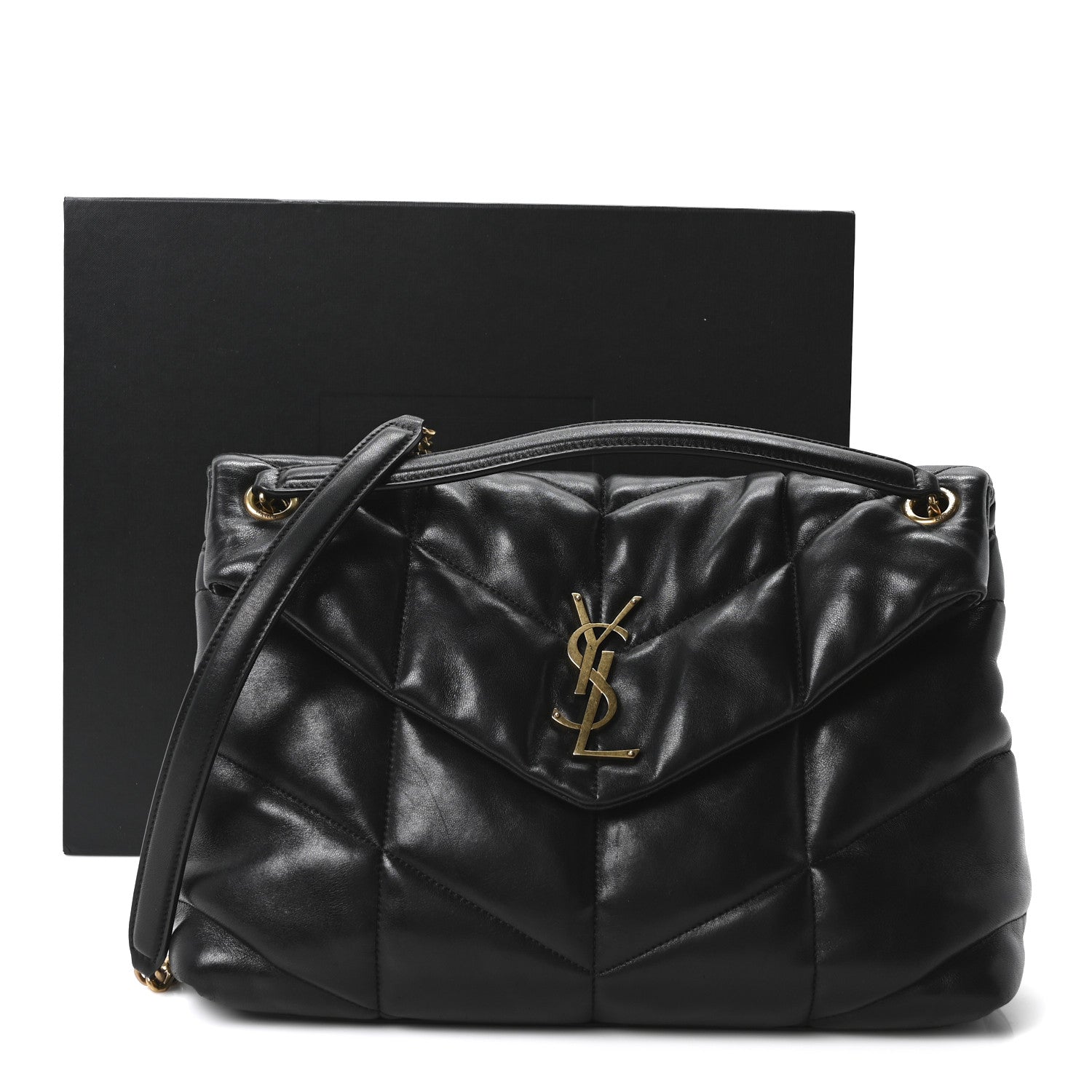 Lambskin Quilted Medium Loulou Puffer Monogram Chain Satchel Black