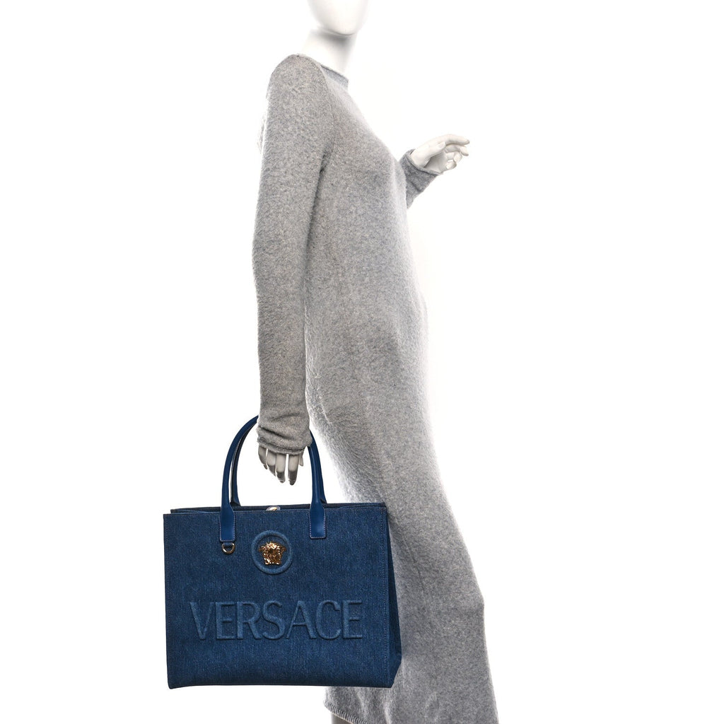 Denim Calfskin La Medusa Tote Bag Blue