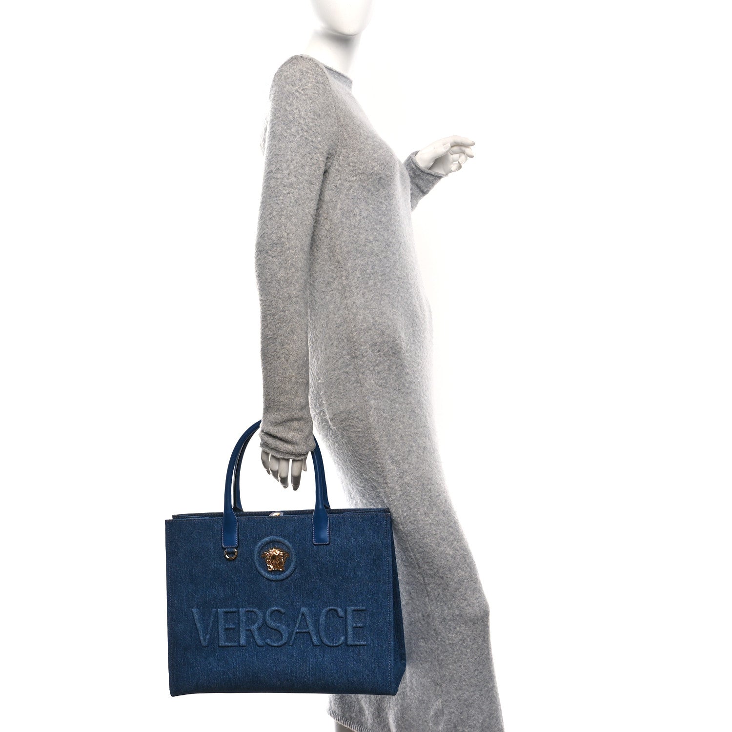 Denim Calfskin La Medusa Tote Bag Blue