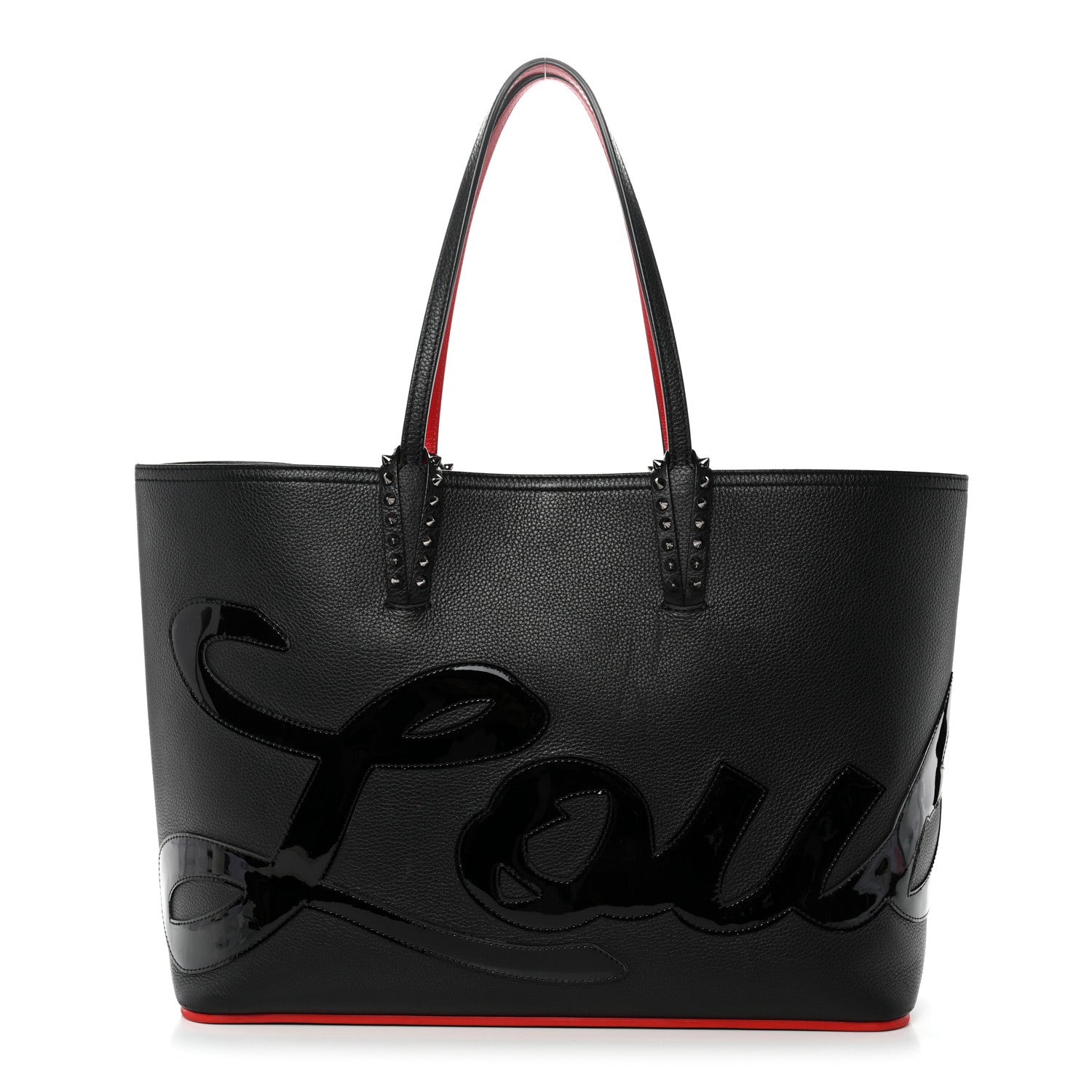 Calfskin Patent Logo Spikes East West Cabata Tote Black