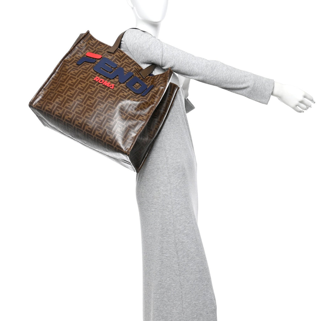 X FILA Glazed Fabric FF 1974 Mania Shopping Tote Bag Mogano Panna Blueberry