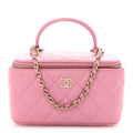 Lambskin Quilted Small Top Handle Vanity Case With Chain Pink