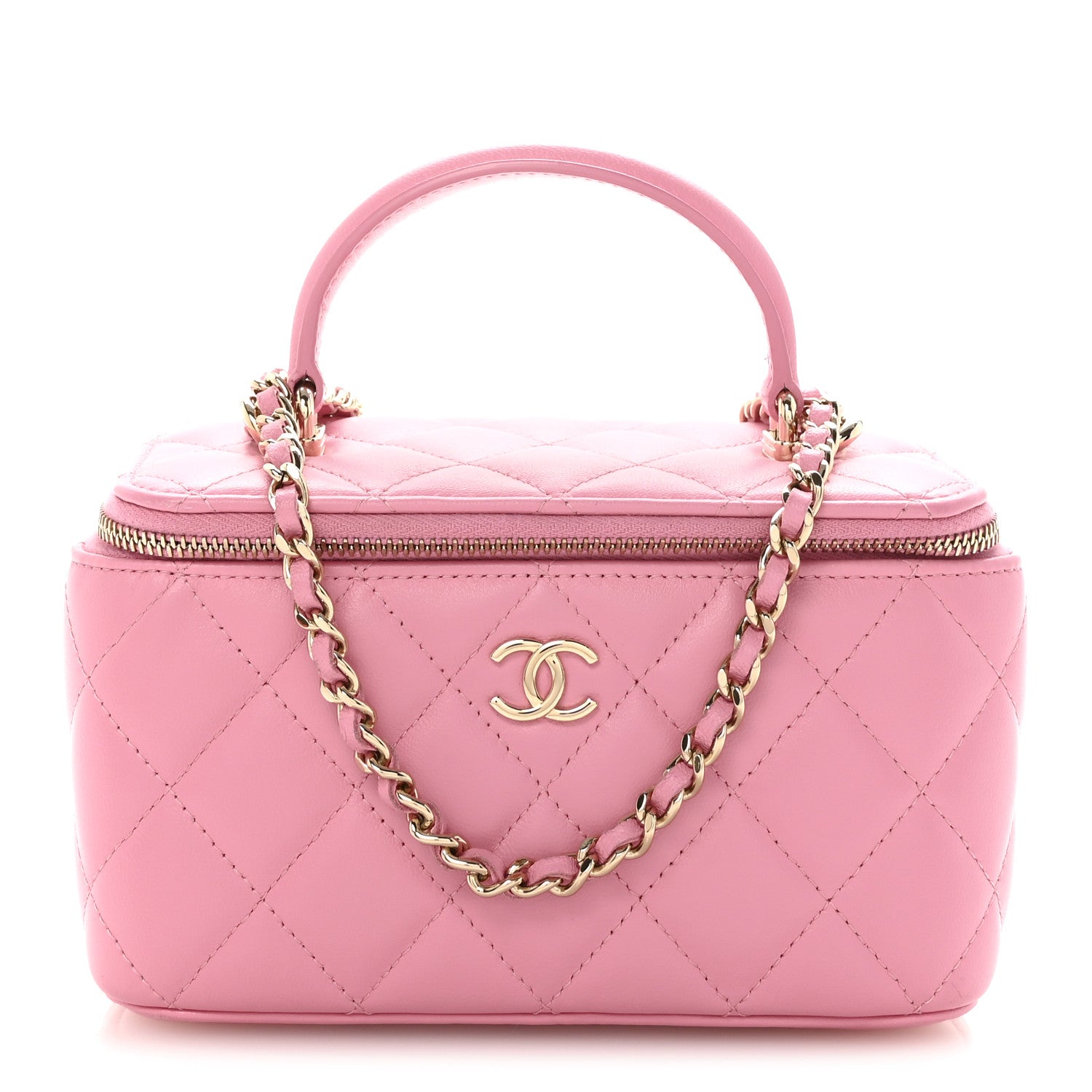 Lambskin Quilted Small Top Handle Vanity Case With Chain Pink