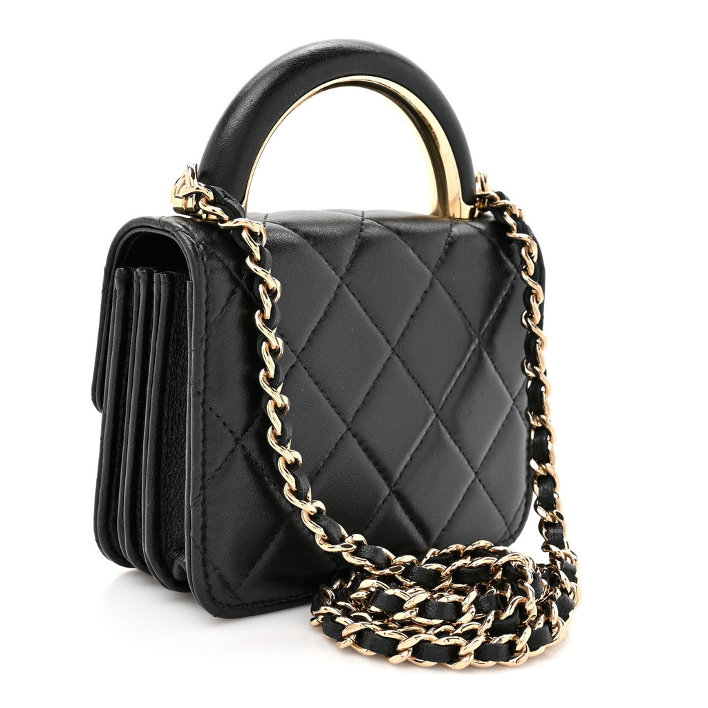 Lambskin Quilted Top Handle Flap Clutch With Chain Black