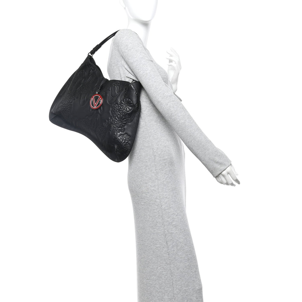 Calfskin Embossed Floral Shoulder Bag Black