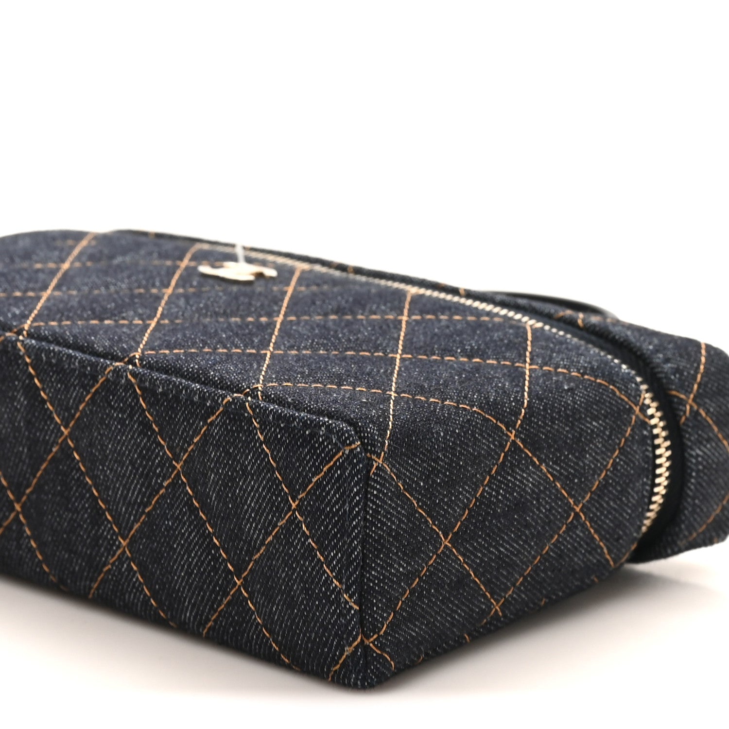 Denim Quilted Top Handle Slim Vanity Case With Chain Dark Blue Orange