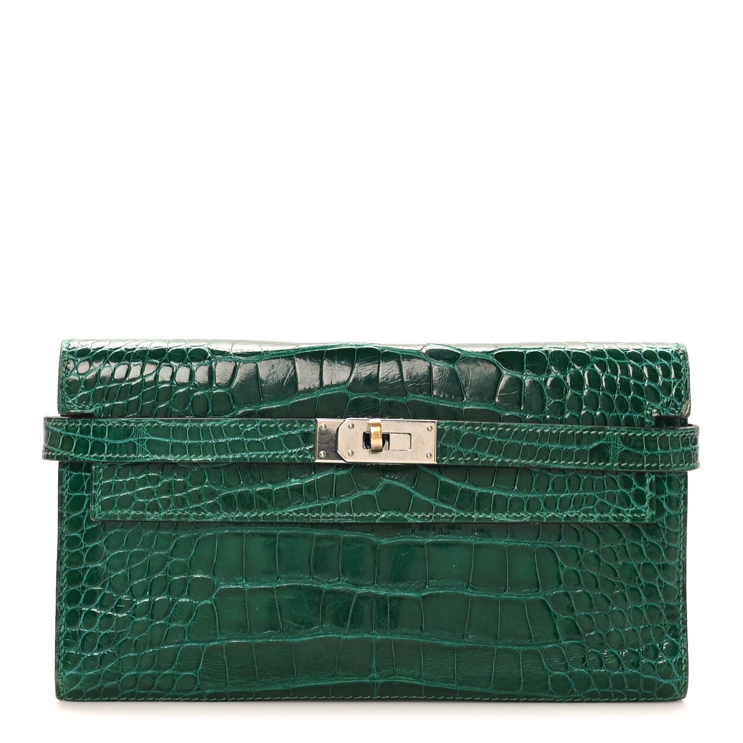 Shiny Alligator Kelly Tri-Fold Longue Wallet Vert Emeraude