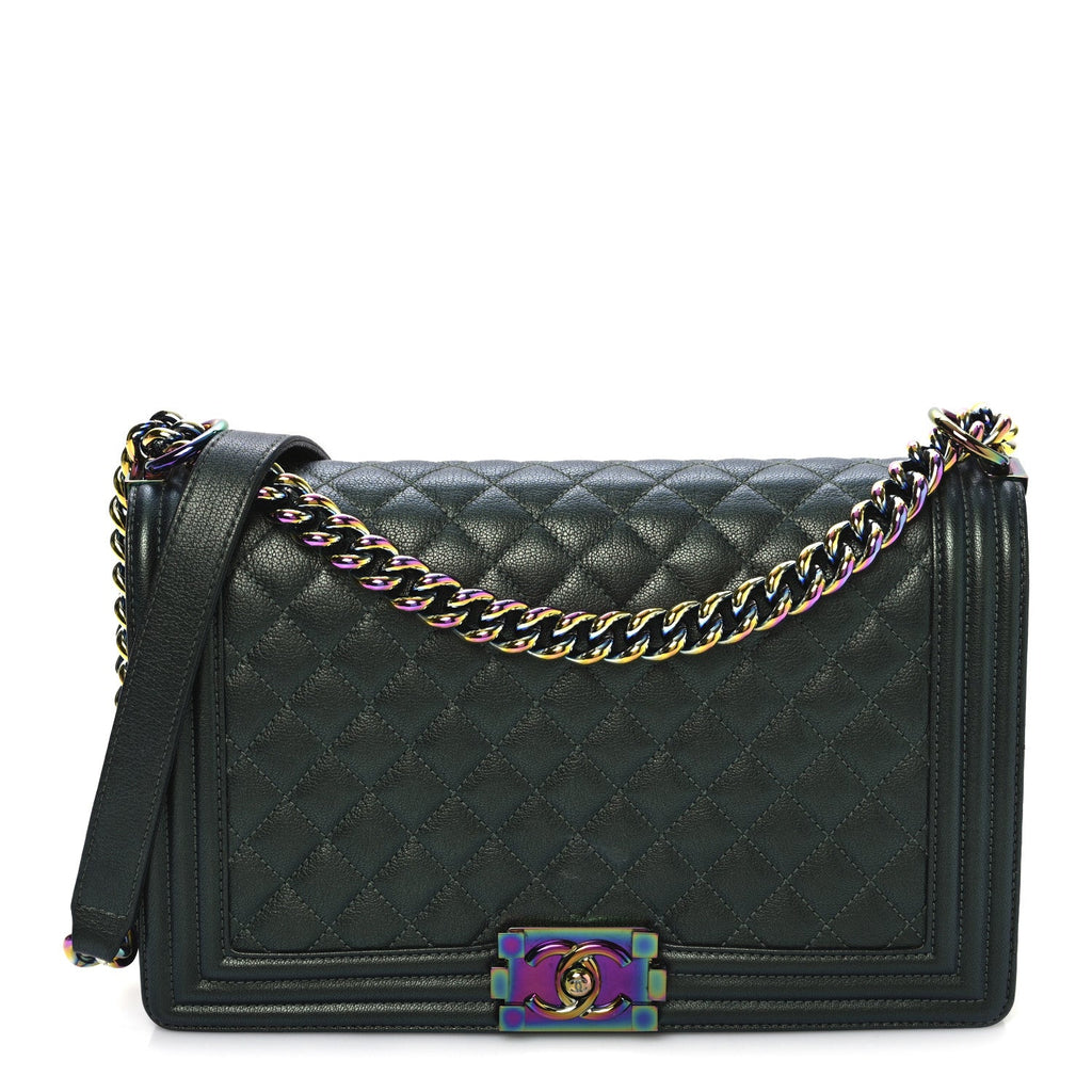 Iridescent Goatskin Quilted New Medium Boy Flap Green