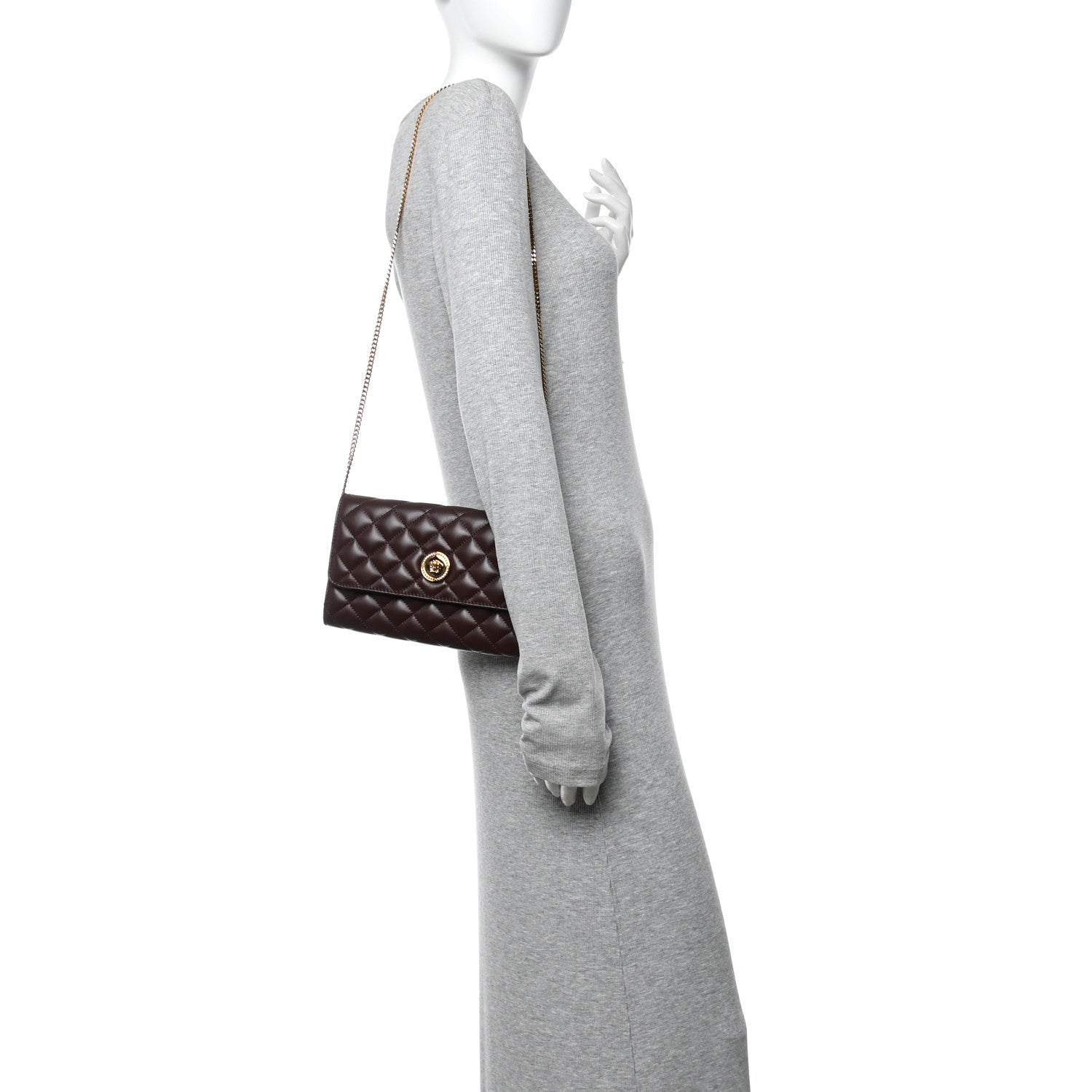 Lambskin Quilted Medusa Wallet On Chain Crossbody Chocolate