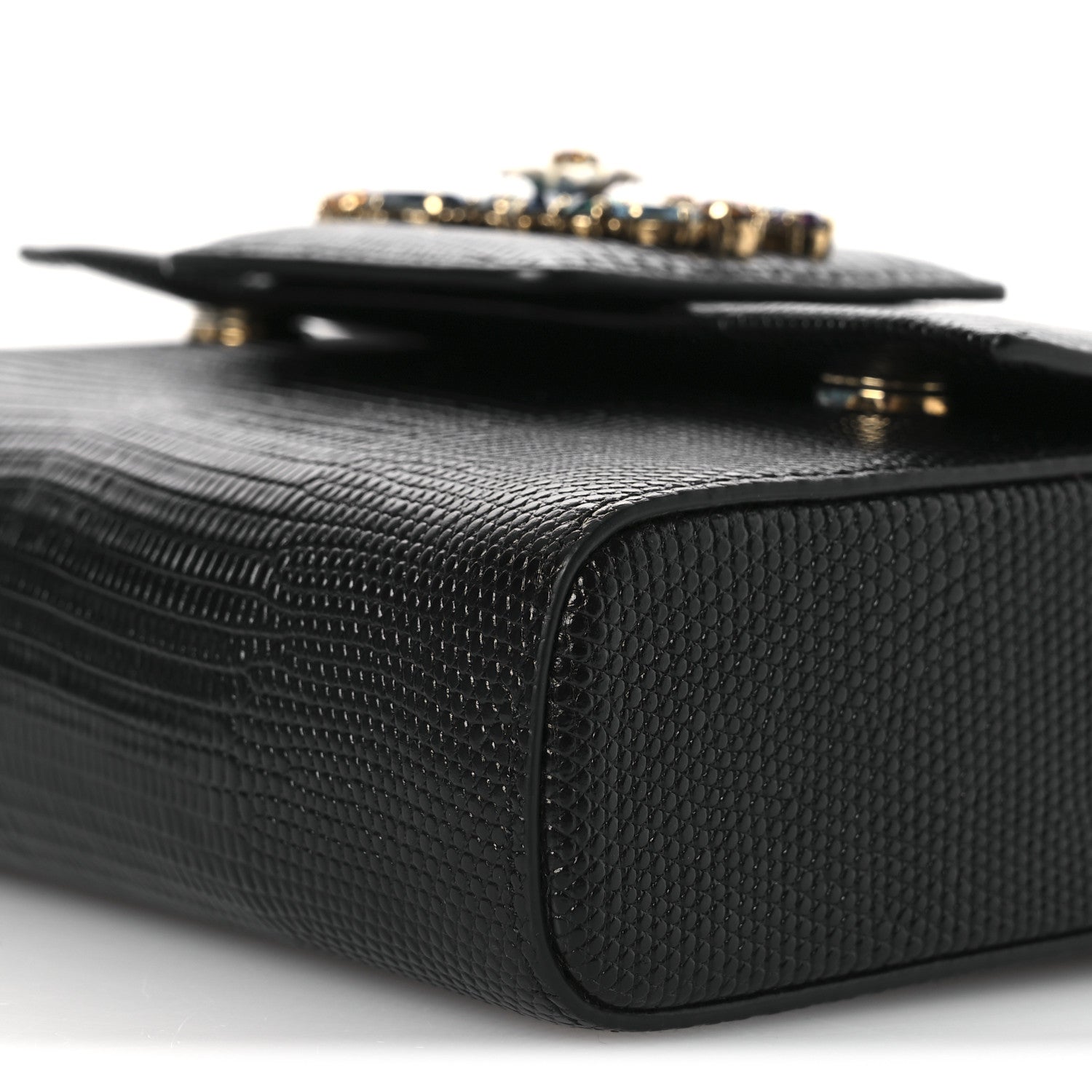 Lizard Embossed Crystal Embellished DG Millennials Mini Crossbody Bag Black