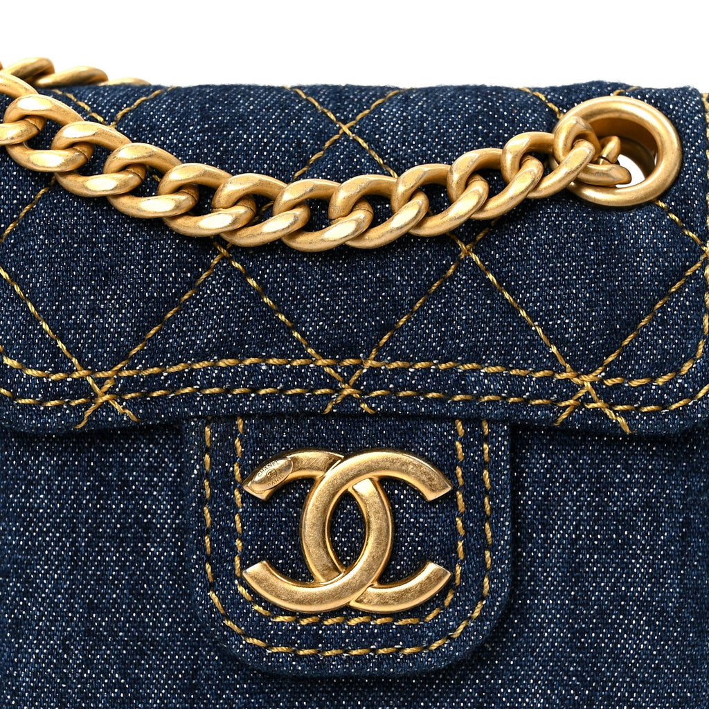 Denim Quilted Double You Flap Bag Charm Blue