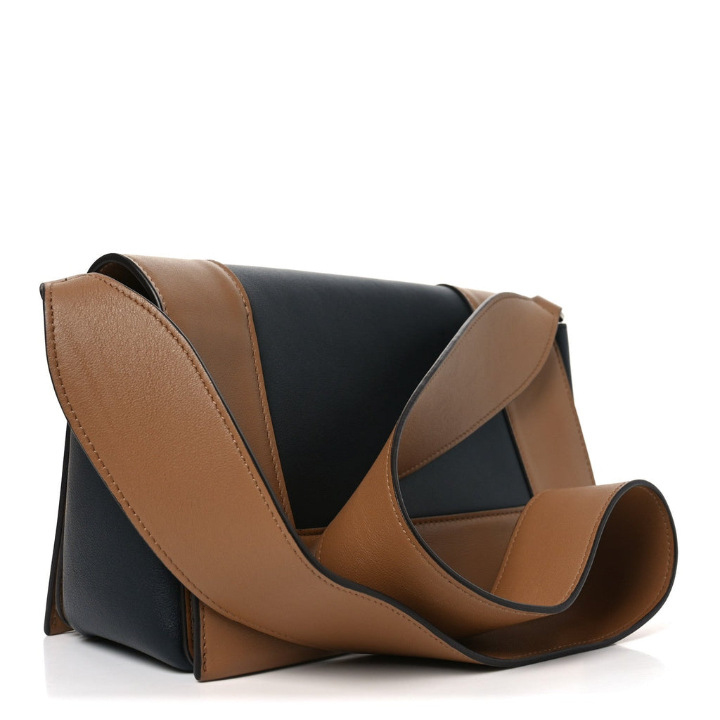 Shiny Smooth Calfskin Medium Frame Shoulder Bag Tan Navy