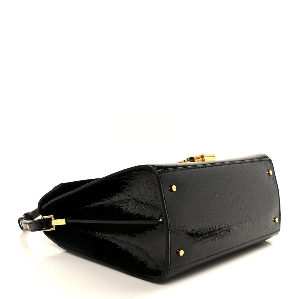 Calfskin Crocodile Embossed Medium Classic Monogram Cassandra Top Handle Black