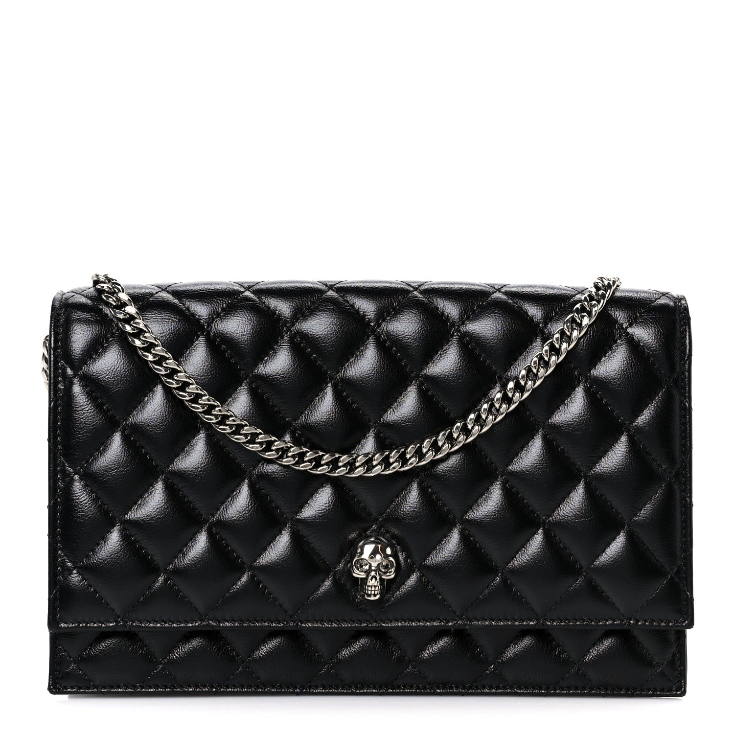 Calfskin Quilted Medium Skull Chain Crossbody Bag Black