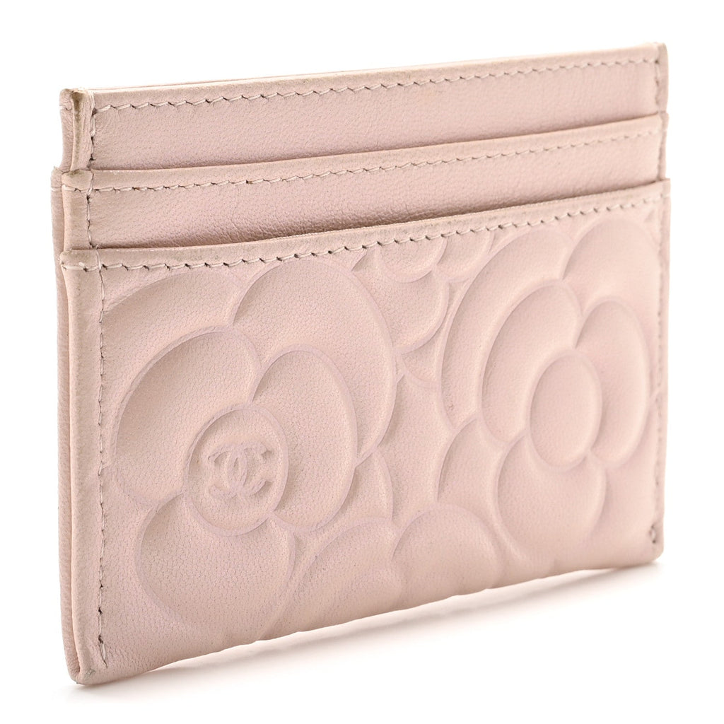 Iridescent Lambskin Camellia Embossed  Holder Light Pink