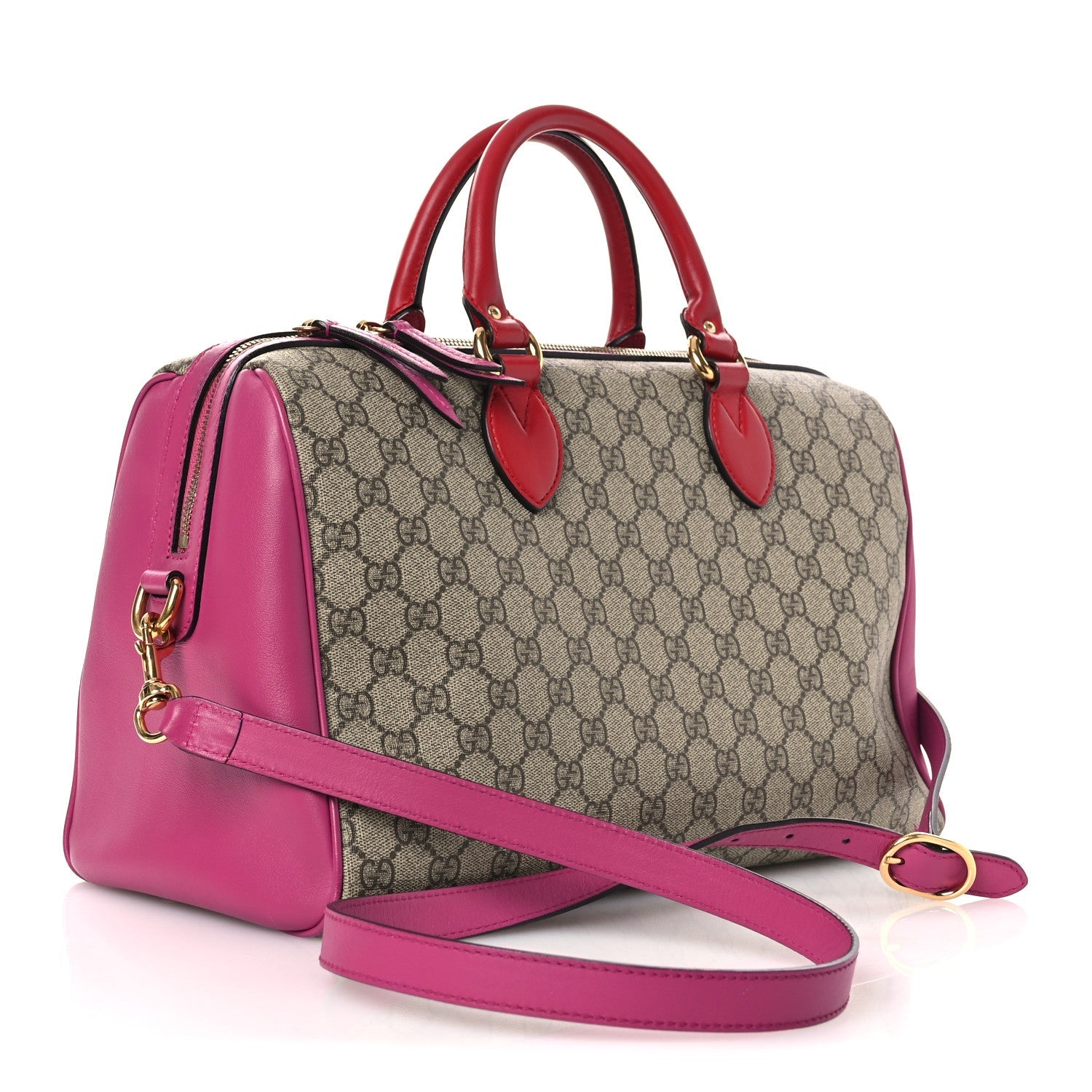 GG Supreme Monogram Medium Boston Beige Hibiscus Red New Rosette
