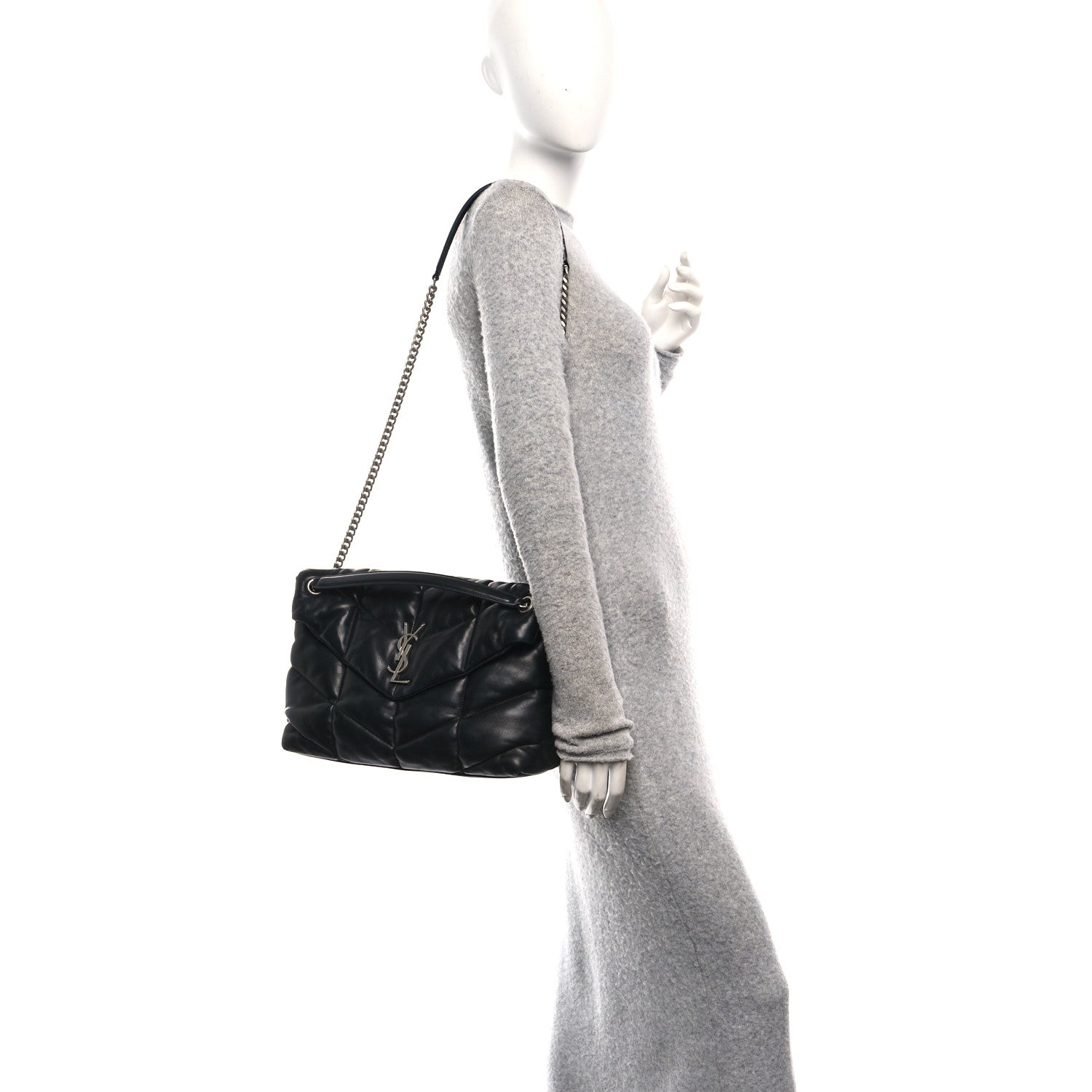 Lambskin Quilted Medium Loulou Puffer Monogram Chain Satchel Black