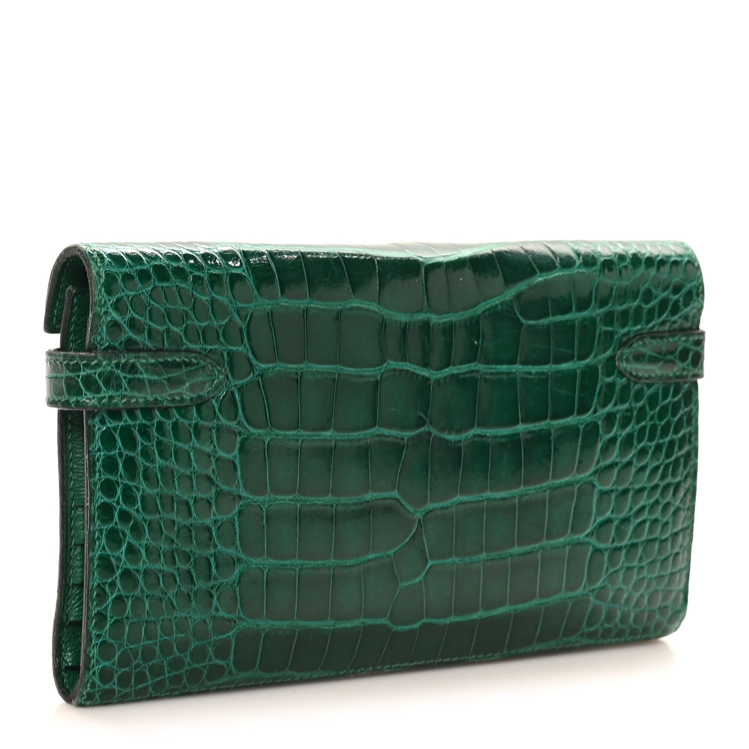 Shiny Alligator Kelly Tri-Fold Longue Wallet Vert Emeraude