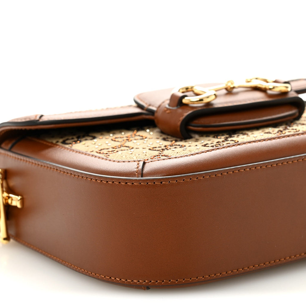 New Canvas Charisma Calfskin Crystal GG Monogram Mini Horsebit 1955 Shoulder Bag Camel Ebony