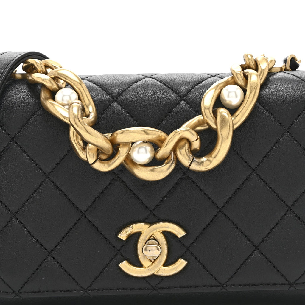 Calfskin Quilted Pearl Jewel Chain Flap Black