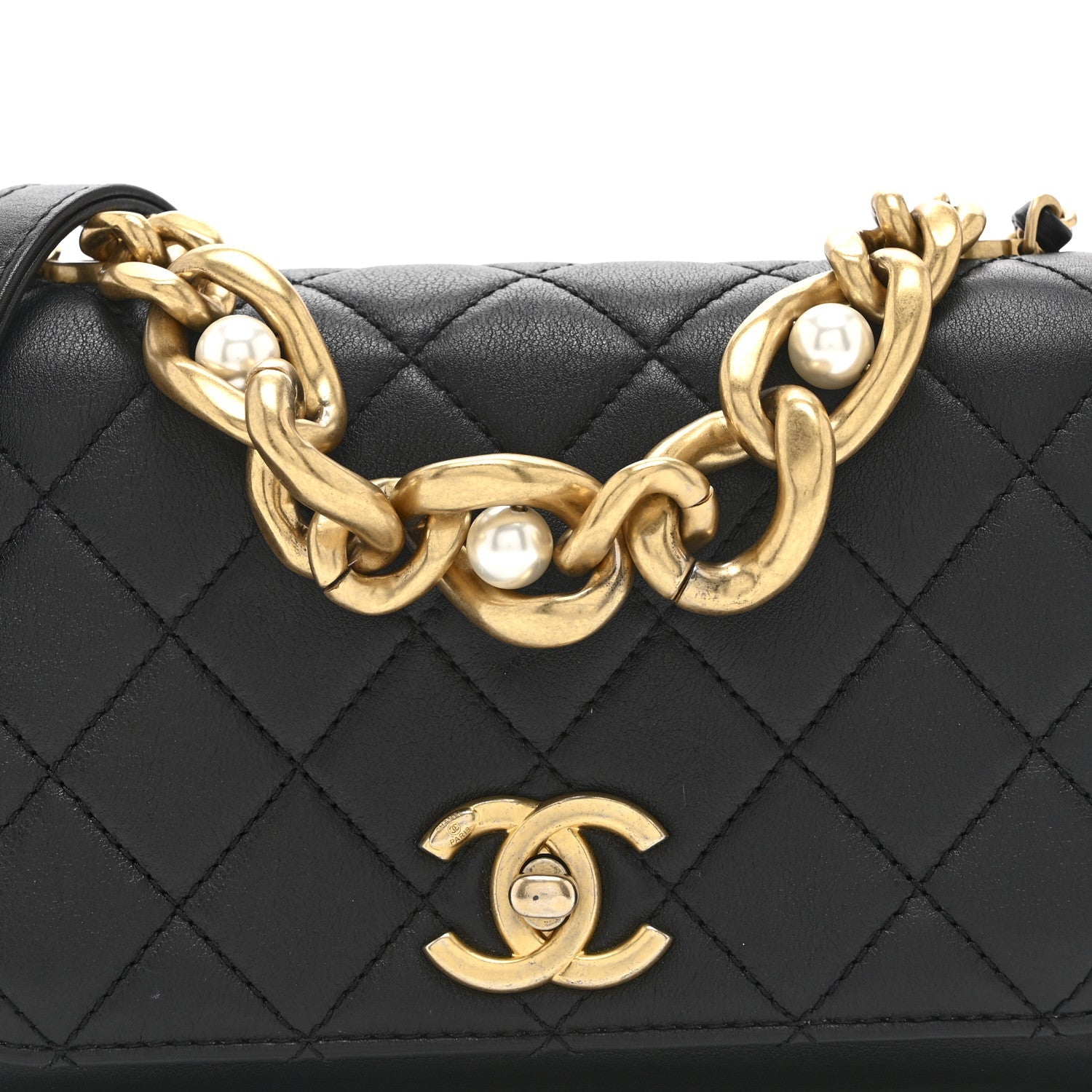 Calfskin Quilted Pearl Jewel Chain Flap Black