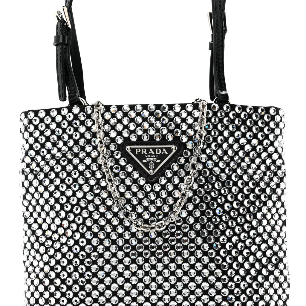 Satin Crystal Metal Triangle Logo Chain Crossbody Handbag Cristal