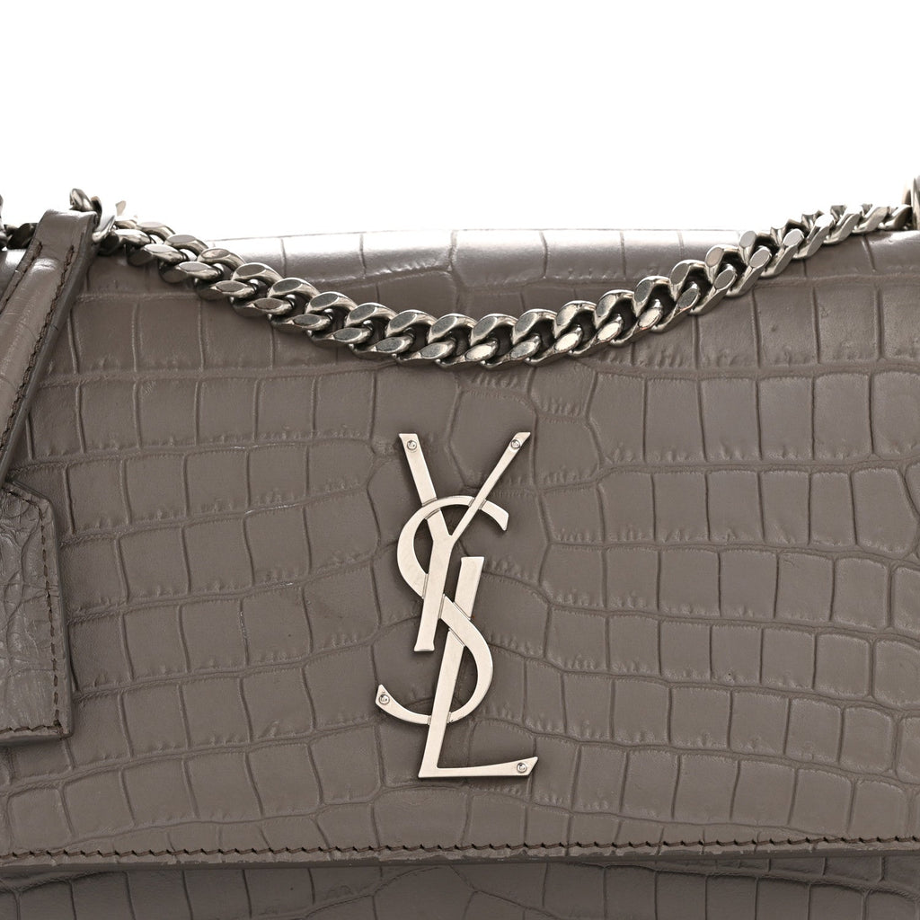 Calfskin Crocodile Embossed Medium Monogram Sunset Fog