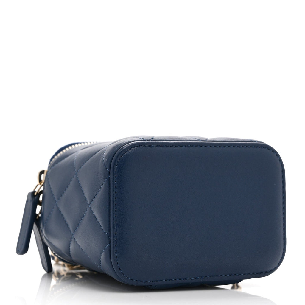 Lambskin Quilted Top Handle Mini Vanity Case With Chain Blue