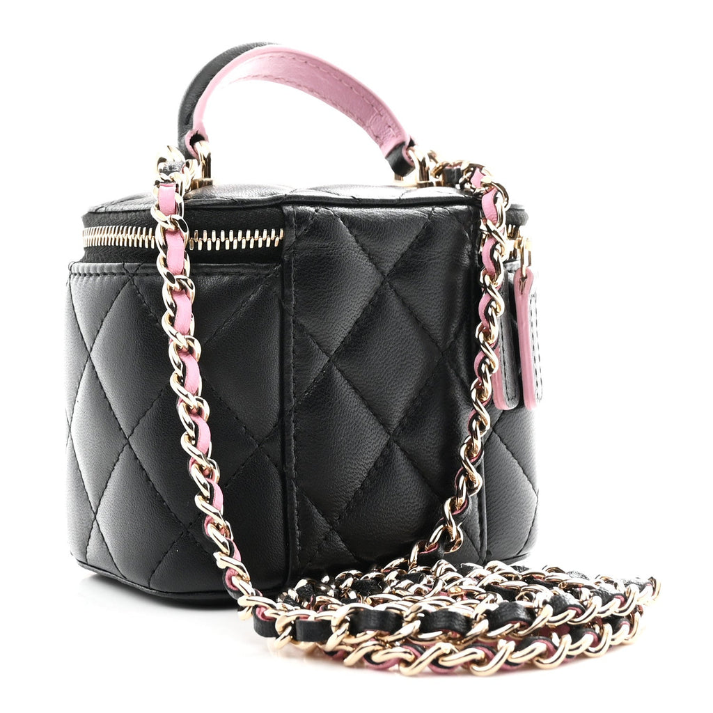 Lambskin Quilted Top Handle Mini Vanity Case With Chain Black Pink
