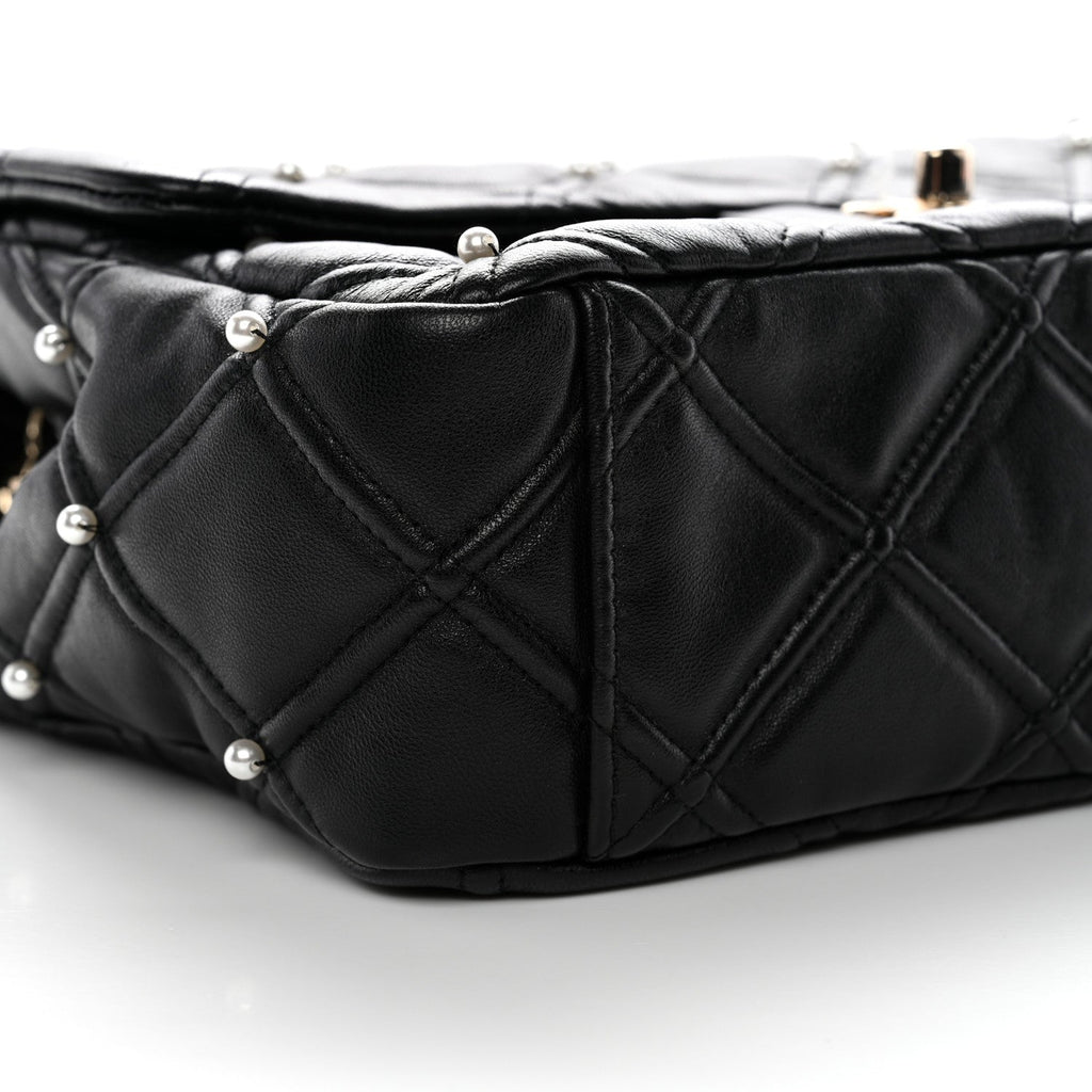 Lambskin Quilted Pearl Studded Flap Black