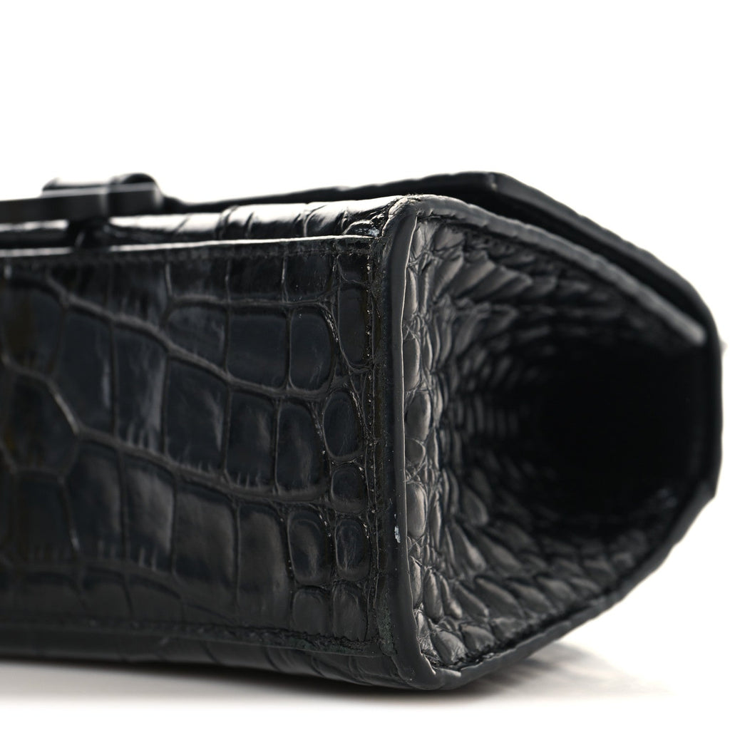Shiny Calfskin Monochrome Crocodile Embossed Small Hourglass Top Handle Bag Black