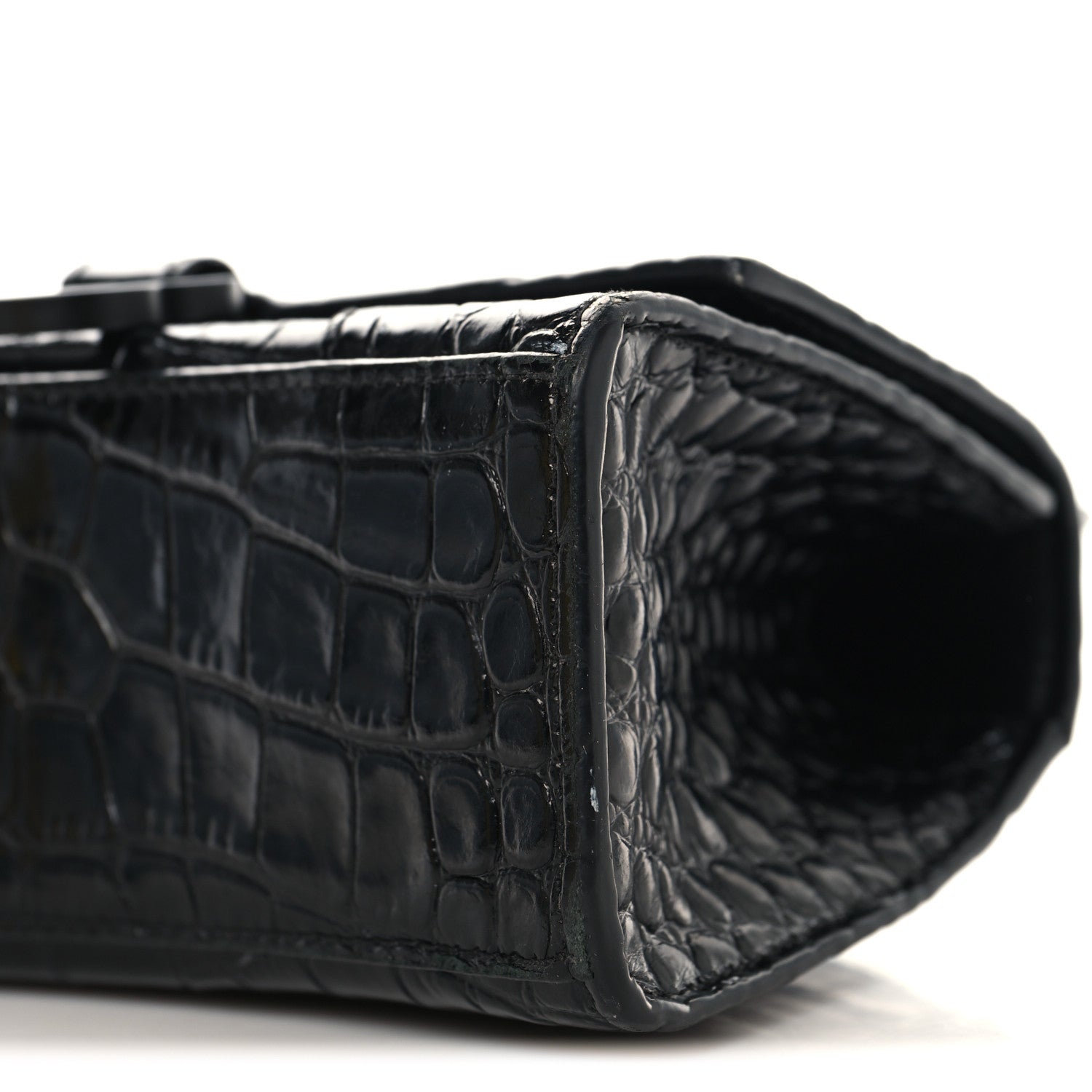 Shiny Calfskin Monochrome Crocodile Embossed Small Hourglass Top Handle Bag Black