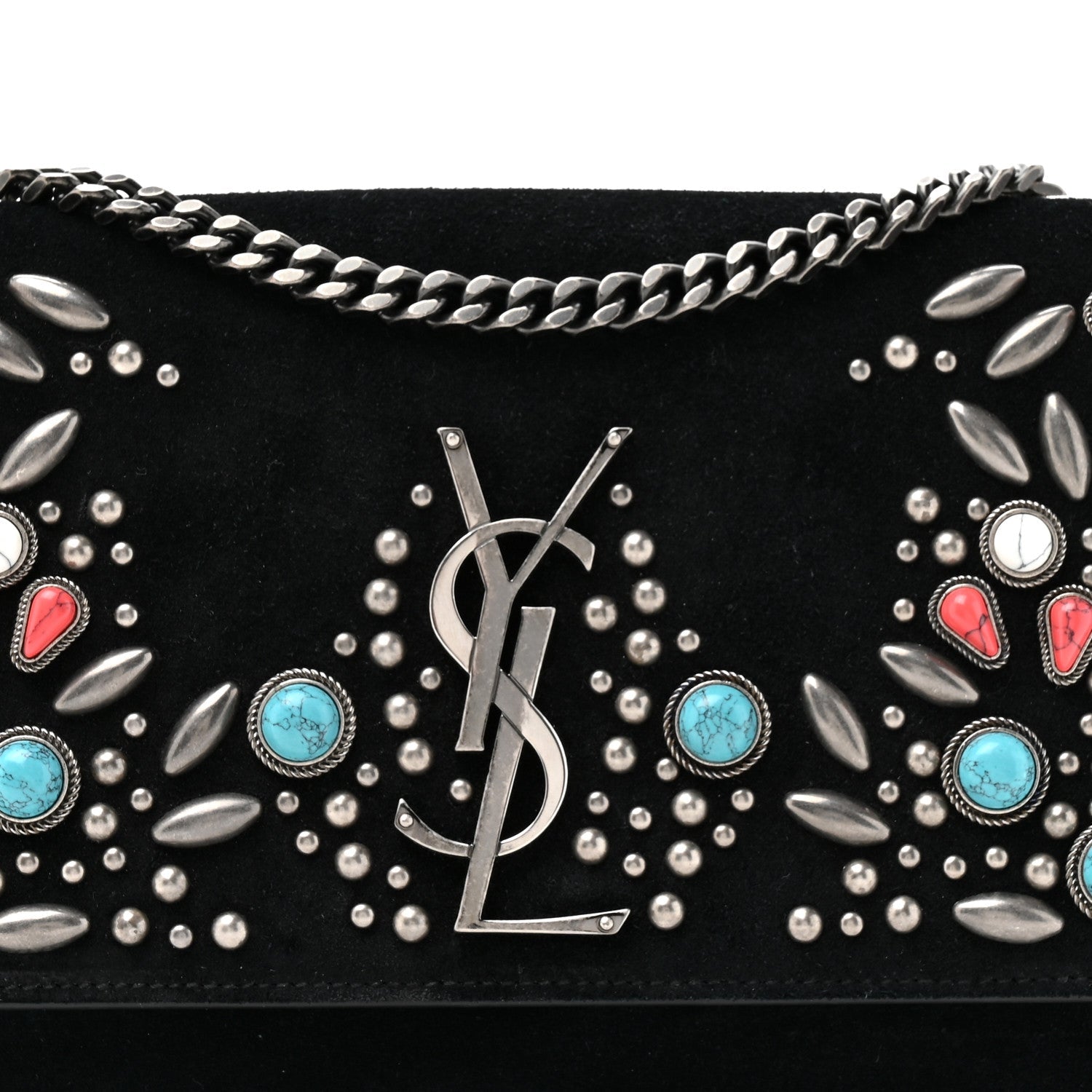 Suede Small Monogram Stone Studded Kate Satchel Black Turquoise Coral