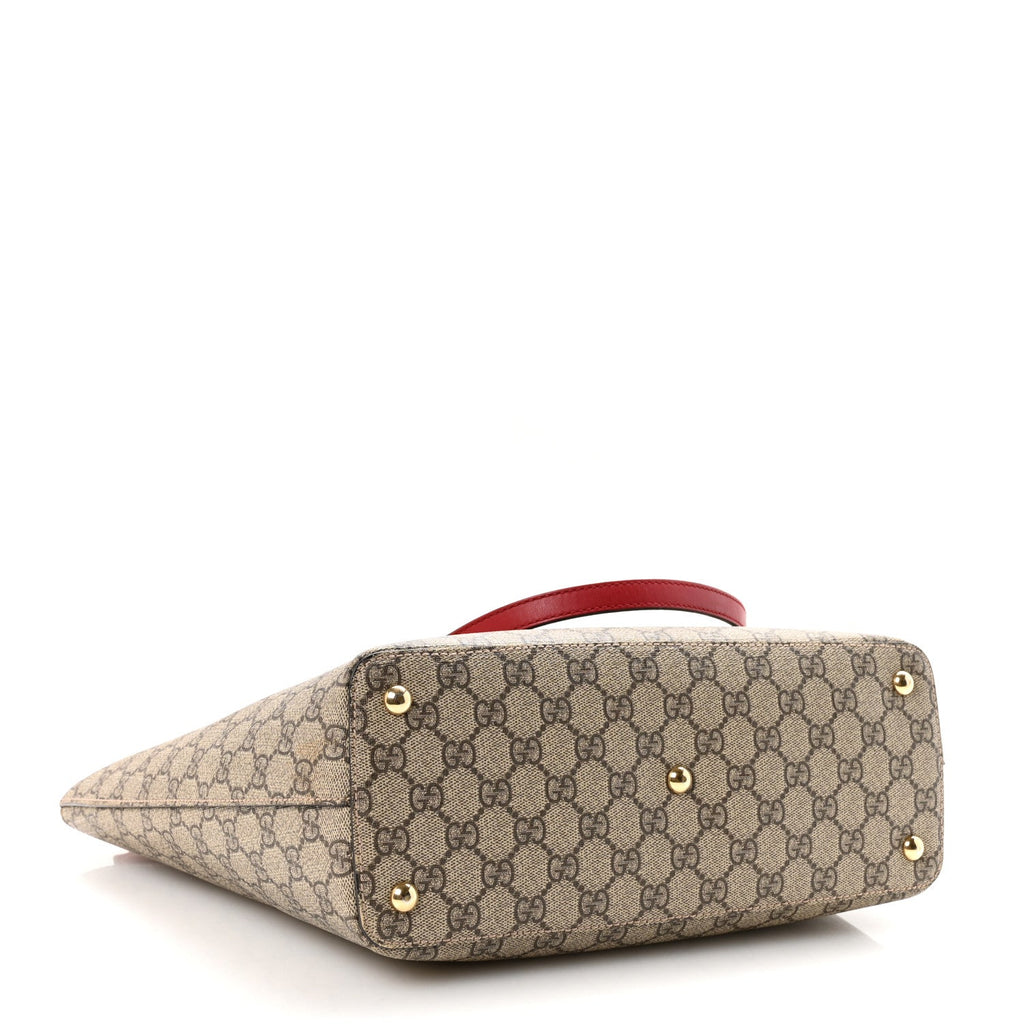 GG Supreme Monogram Medium Zippered Bucket Tote Beige Hibiscus Red New Rosette