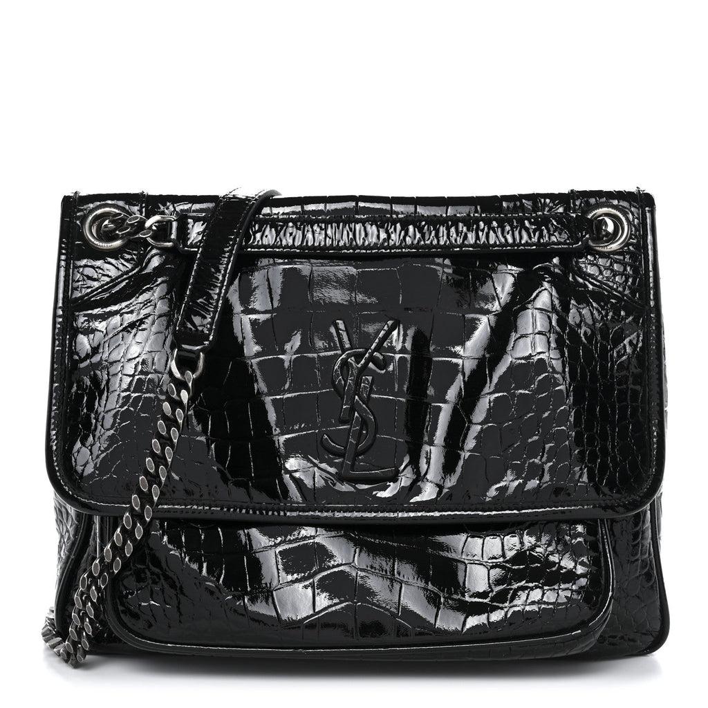 Patent Crocodile Embossed Lambskin Monogram Medium Niki Chain Satchel Black