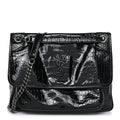 Patent Crocodile Embossed Lambskin Monogram Medium Niki Chain Satchel Black