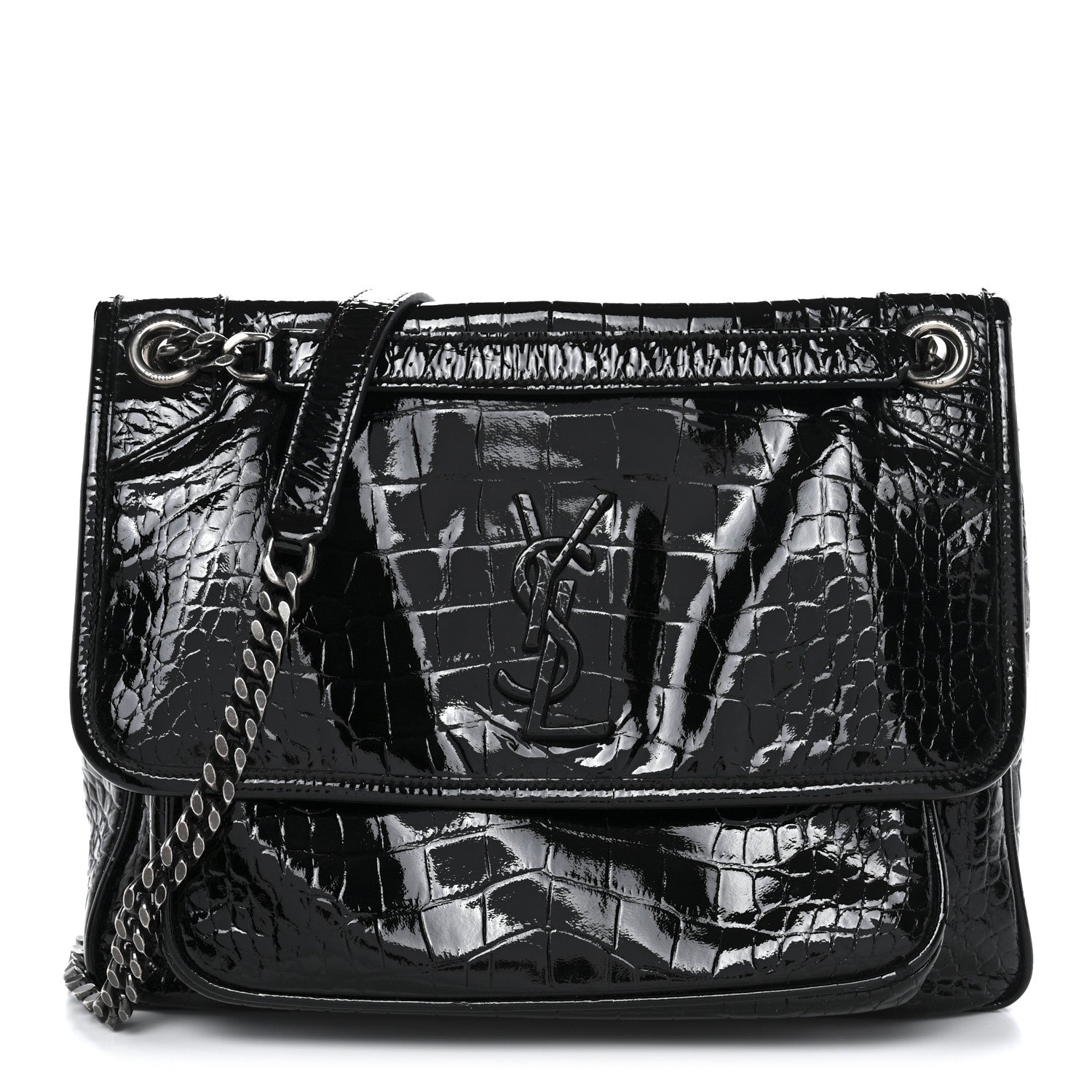 Patent Crocodile Embossed Lambskin Monogram Medium Niki Chain Satchel Black
