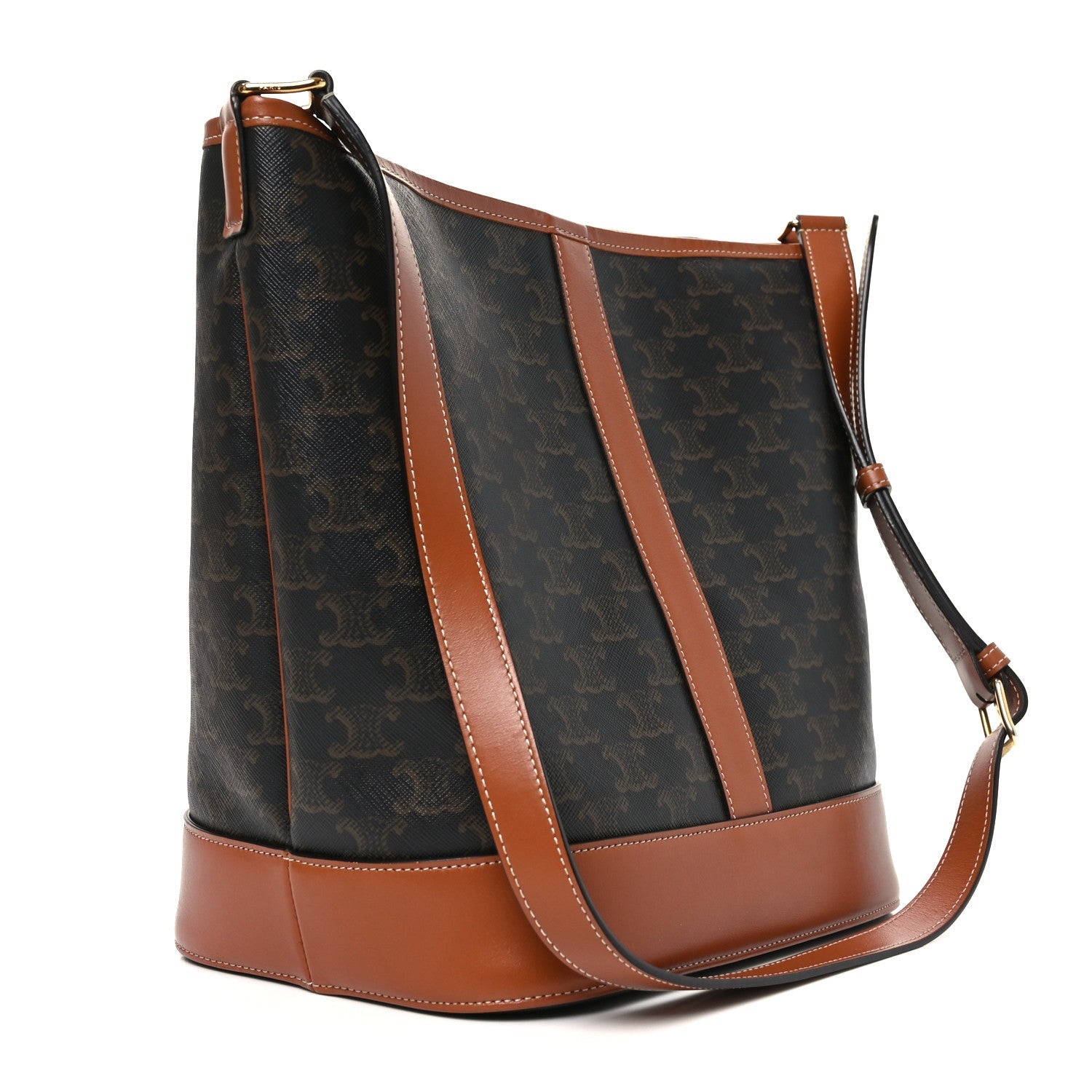 Triomphe Canvas Calfskin Medium Bucket Bag Tan